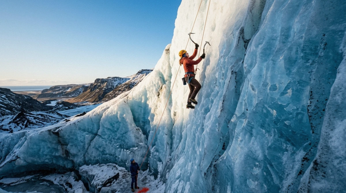 A climber swinging an ice axe into a vertical blue ice wall during a Sólheimajökull ice climbing tour, South Iceland