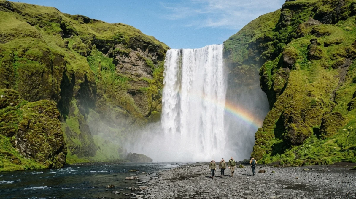The wide curtain of Skógafoss waterfall seen on a south coast tour from Reykjavík with glacier hike, South Iceland